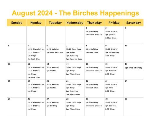 The Birches August 2024 Happenings