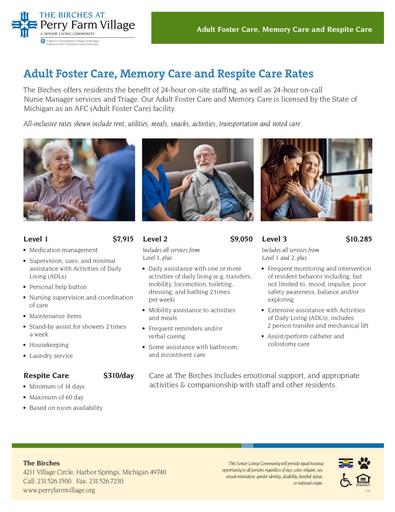 Assisted Living, Memory Care and Respite Care Rates